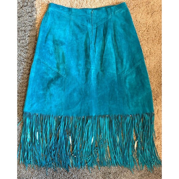 Teal Leather Western Skirt Fringe Concho L Cowgirl Rockabilly - Picture 6 of 8